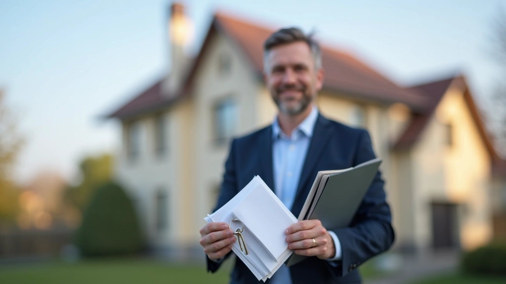 Realitní makléř s klíči a dokumentem před domem